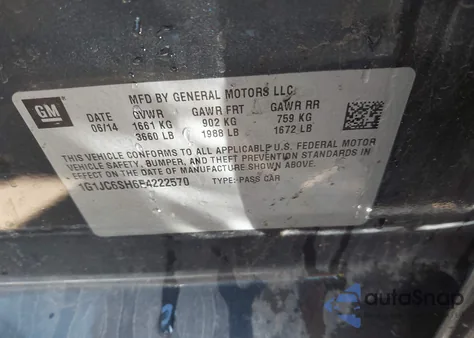 2014 Chevrolet Sonic Lt Auto z USA, uszkodzony, nr VIN 1G1JC6SH6E4222570